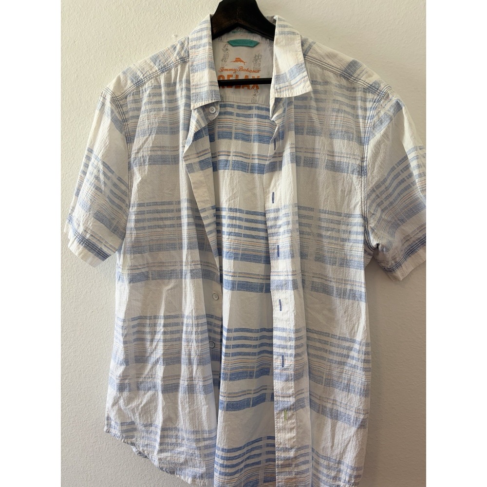 Tommy Bahama Relax Mens Short Sleeve Button Down Shirt White Blue Striped L